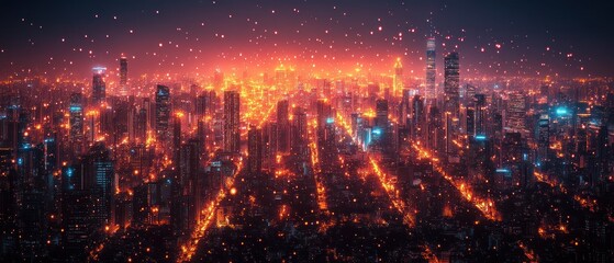 Fototapeta premium Night Cityscape: A mesmerizing view of Shanghai's illuminated skyline at night, glowing with a fiery orange hue, under a sky sprinkled with vibrant particles.