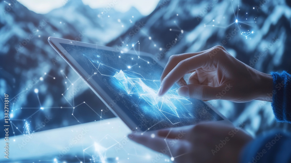 Poster two hands hold tablet computer with blank screen. man using digital device, ebook or gadget, pointin