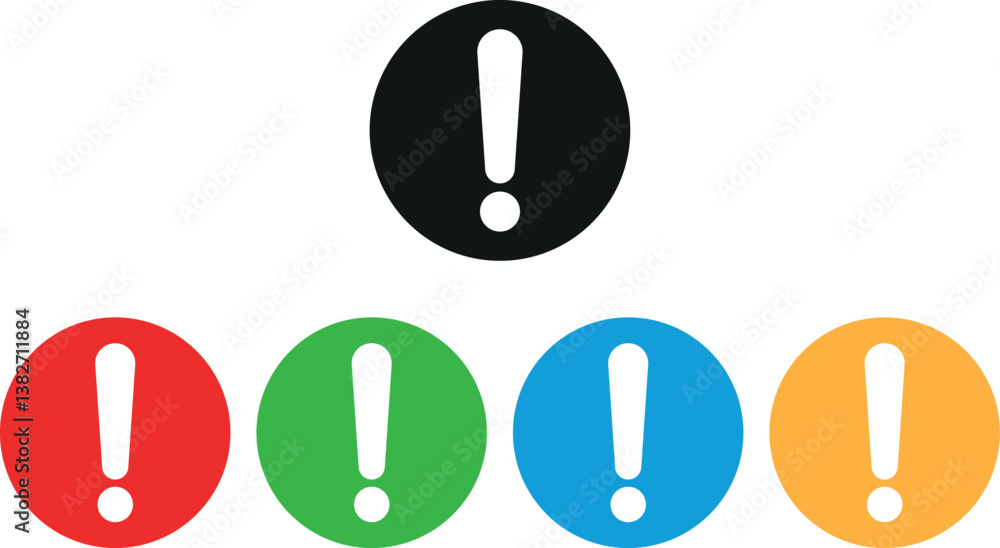 Poster colorful error icon set in different colors . warning attention icon with exclamation mark symbol . 