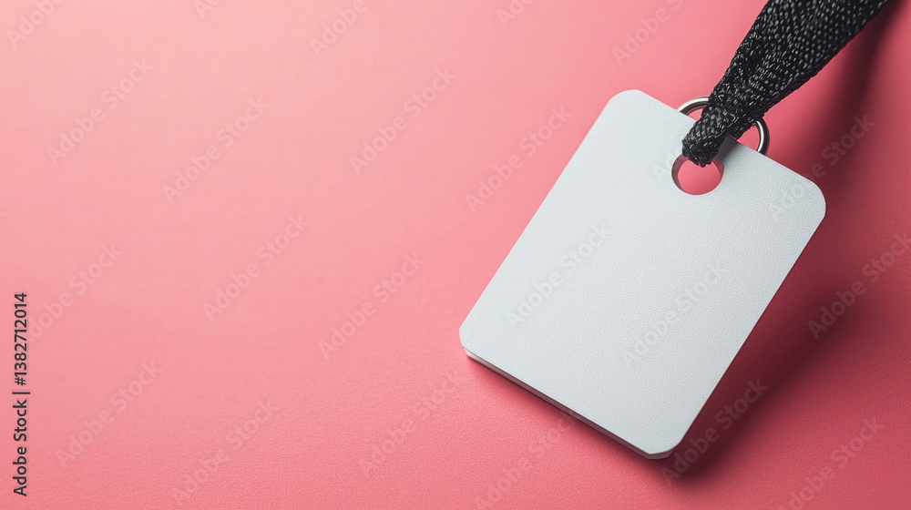 Poster minimalist white tag with black strap is placed on plain pink background, creating simple yet elegant visual. This evokes sense of calm and simplicity