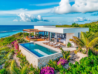 Fototapeta premium This modern vintage style beach cottage features an infinity pool that seamlessly blends with the ocean