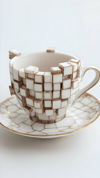 Naklejki White Teacup and Cracked Saucer Decorated with Sugar Cubes