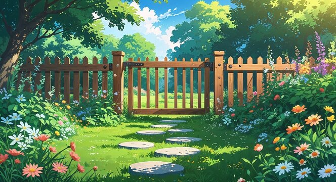 Garden gate made of wood with stepping stones leading across a lawn filled with flowers anime cartoon style illustration artwork design background