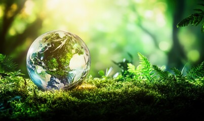 Glass sphere reflecting the forest and earth, symbolizing global environmental awareness, resting on moss-covered ground.
