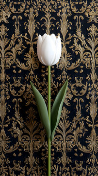 Fototapeta White Tulip Against a Gold Damask Background