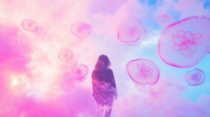 Fototapeta premium Dreamy silhouette of female in surreal pink and blue jellyfish cloudscape
