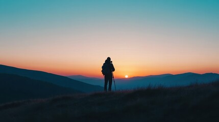 Silhouette of male hiker with backpack at sunrise over mountains