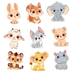 A set of flat vector illustrations in cute childish style. Cute baby animals with big eyes. Bunny, baby squirrel, wolf goat, baby bear, baby elephant, lion, tiger, hippo. . Vector illustration