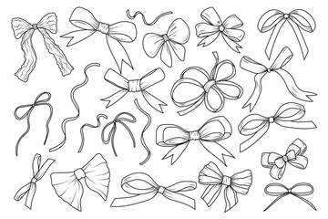 A set of simple festive ribbon bows for gifts, for decorating hair on a white background. A bow pattern for wrapping gifts for birthday, Christmas, and New Year.