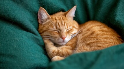 Peaceful ginger cat sleeping on soft green blanket