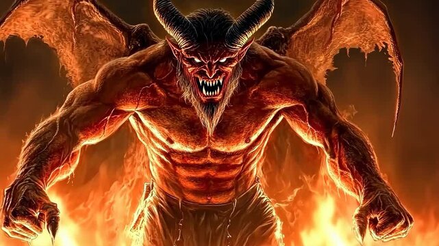 Fiery demon towers over flames in a dark, mystical realm during a dramatic confrontation
