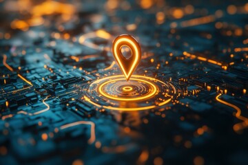 Fototapeta premium Close-up of a glowing GPS pin in a futuristic digital map, showcasing sci-fi ambiance and neon pathways.