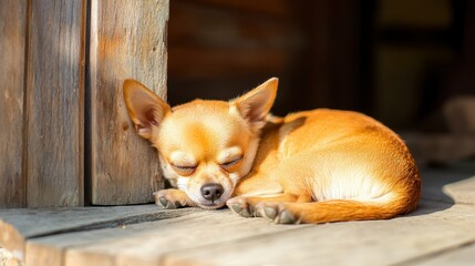 Sleeping chihuahua dog relaxing in sunlight on wooden porch