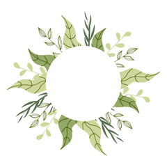 A beautifully designed circular text frame made of vibrant green branches and leaves. Perfect for invitations, greeting cards, logos, and nature-themed designs. Isolated on a white background.