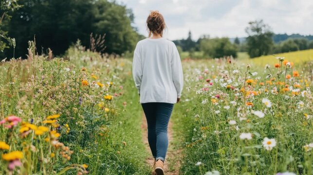 Young caucasian female walking in vibrant wildflower field on a sunny day - Powered by Adobe