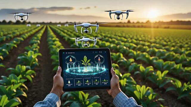 Person holding tablet analyzing crop data with multiple drones flying over a modern green agricultural field at sunrise

