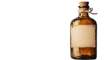 Old brown glass bottle with cork and blank label  isolated on transparent  background
