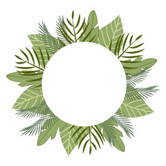 A circular text frame crafted from lush green branches and leaves. A stylish botanical wreath, ideal for invitations, greeting cards, branding, and nature-inspired designs. 