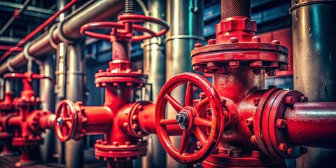 Industrial Night Photography: Red Valve & Pipe Flanges in Factory Workshop
