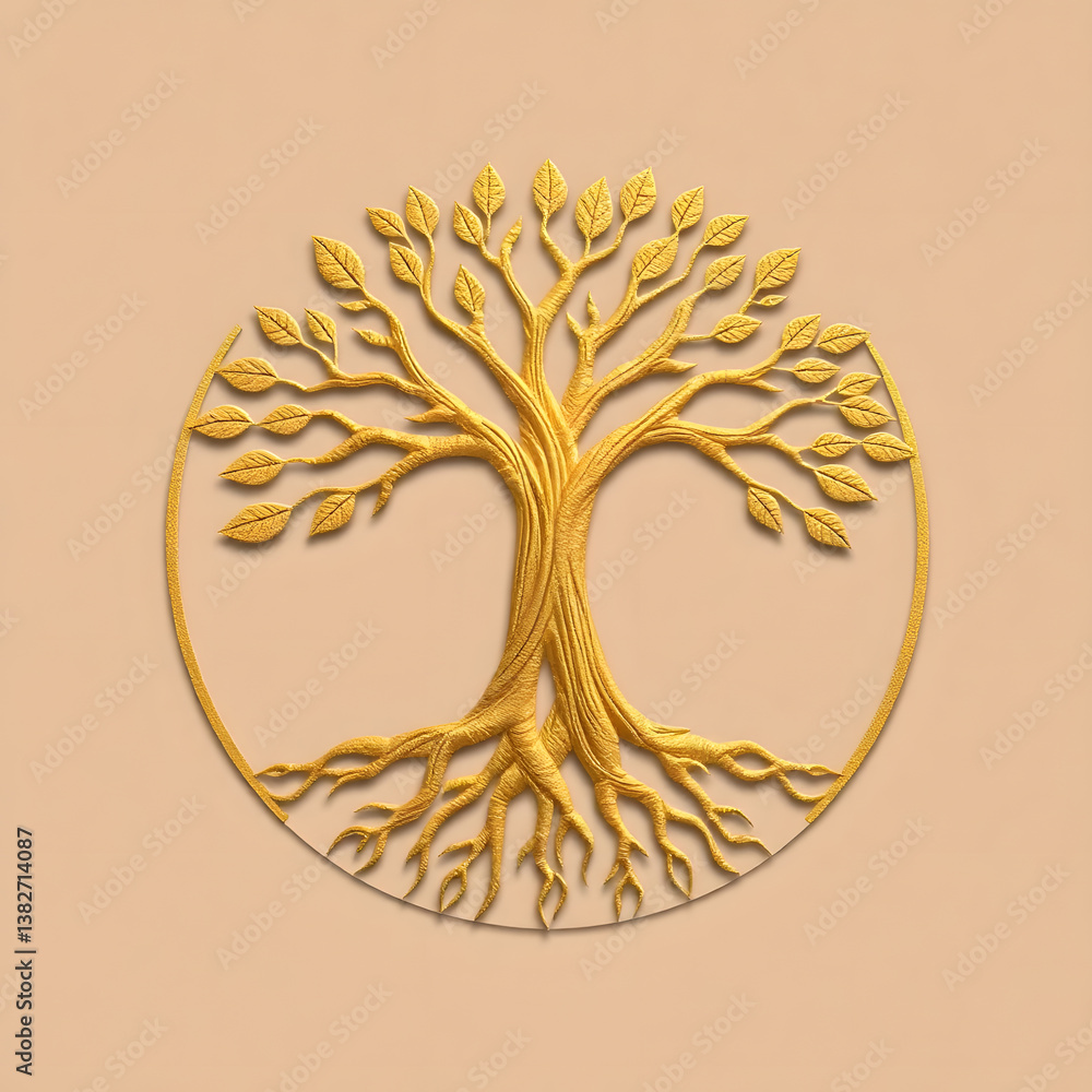 Fototapete a digital illustration of a tree of life symbol, a root within a circle, rendered in layered paper c