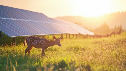 Deer grazing by solar panels in sunlit field