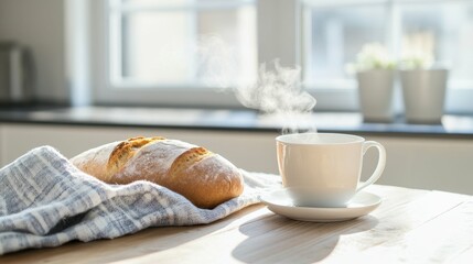 Freshly baked bread and steaming coffee on a sunlit kitchen table