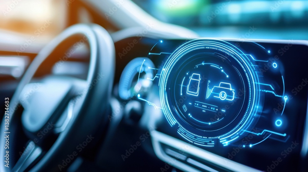 Poster futuristic car dashboard interface with touchscreen and icons