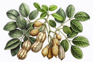 Intricate Black & White Botanical Peanut Plant Drawing - Rule of Thirds Composition