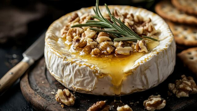 Baked Camembert Cheese with Honey, Walnuts, and Rosemary