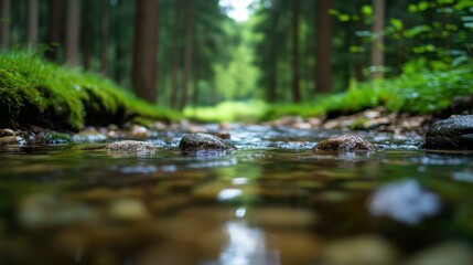 Tranquil forest stream flowing through lush greenery in serene wooded landscape