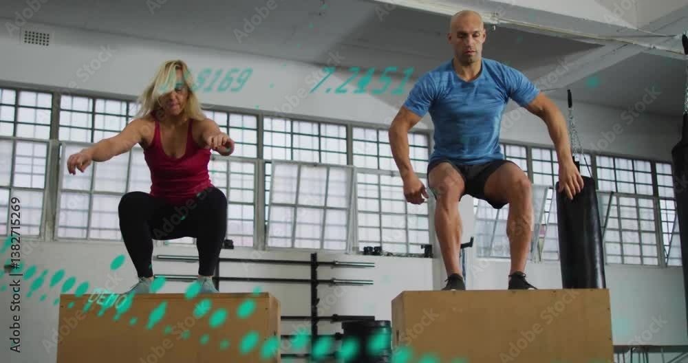 Poster two people exercising with digital data animation overlay in gym setting