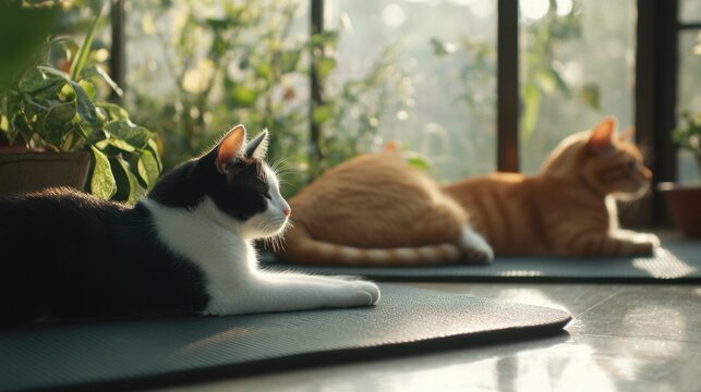 Relaxed cats in sunlit room with indoor plants - Powered by Adobe