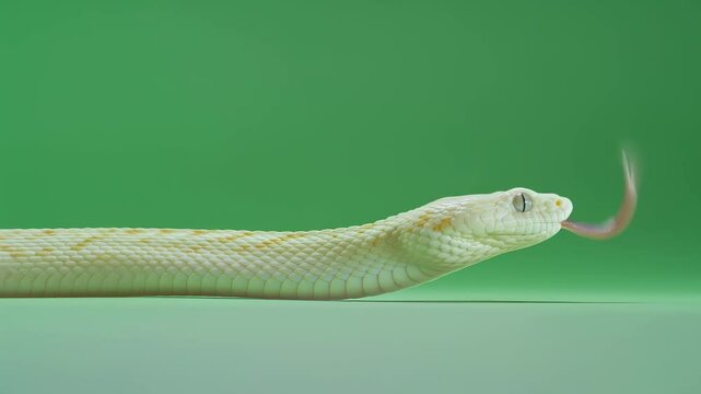 White albino snake flicking forked tongue, revealing detailed scale texture against pristine green screen background for seamless compositing and visual effects work