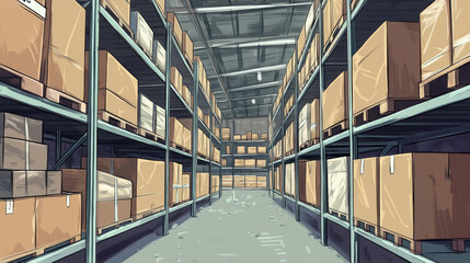 Warehouse interior with cardboard boxes on metal racks. Vector cartoon illustration of empty storage room interior with goods, cargo and parcels on shelves. Storehouse in store, garage, market