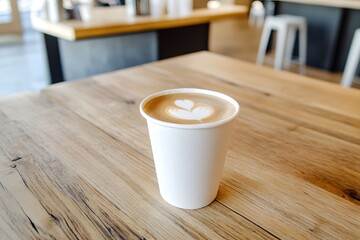Paper cup of coffee on wooden table in cafe shop