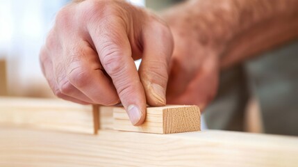 Male hands assembling wooden puzzle for precision and skill exercise
