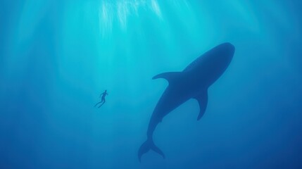 Fototapeta premium Diver swimming next to majestic whale shark in deep blue ocean