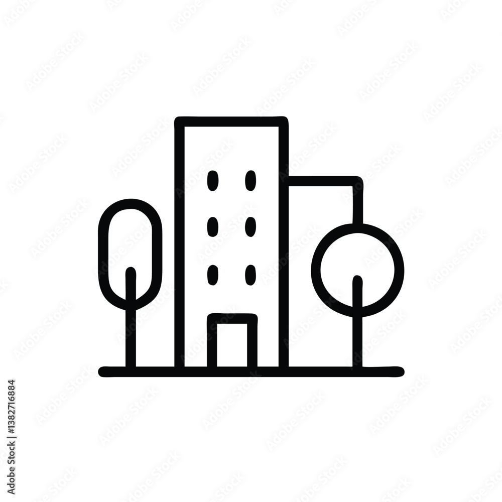 Poster urban office building with trees in a simple line art style