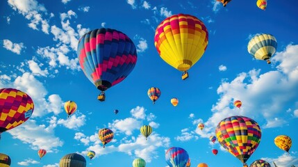 Obraz premium Spectacular hot air balloons festival against vibrant blue sky and fluffy clouds
