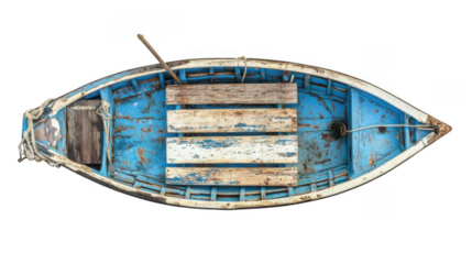 Aerial view of a weathered blue rowboat with wooden seats and a single oar on a black background