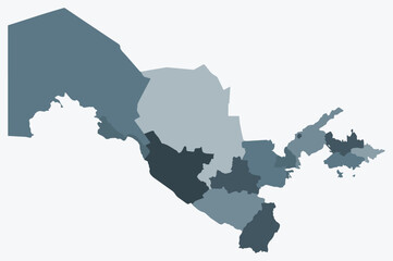 Map of Uzbekistan with regions. A simple country border map with regional divisions. Blue-grey color palette. Plain Uzbekistan shape with administrative division. Vector illustration.