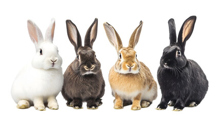 Rabbits of different breeds white dwarf , brown lop-eared, black Flemish giant, spotted Dutch Transparent PNG 

