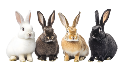 Rabbits of different breeds white dwarf , brown lop-eared, black Flemish giant, spotted Dutch Transparent PNG 
