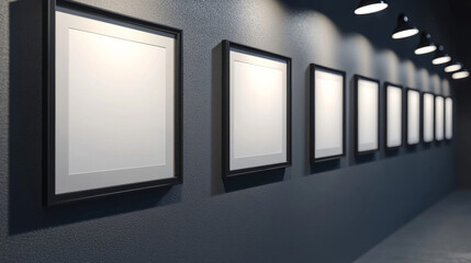 Blank movie posters illuminated by spotlights. Vector realistic mockup of white picture in black frames on gray tiled wall in cinema, theater hallway or gallery. Empty advertising banners with lamps