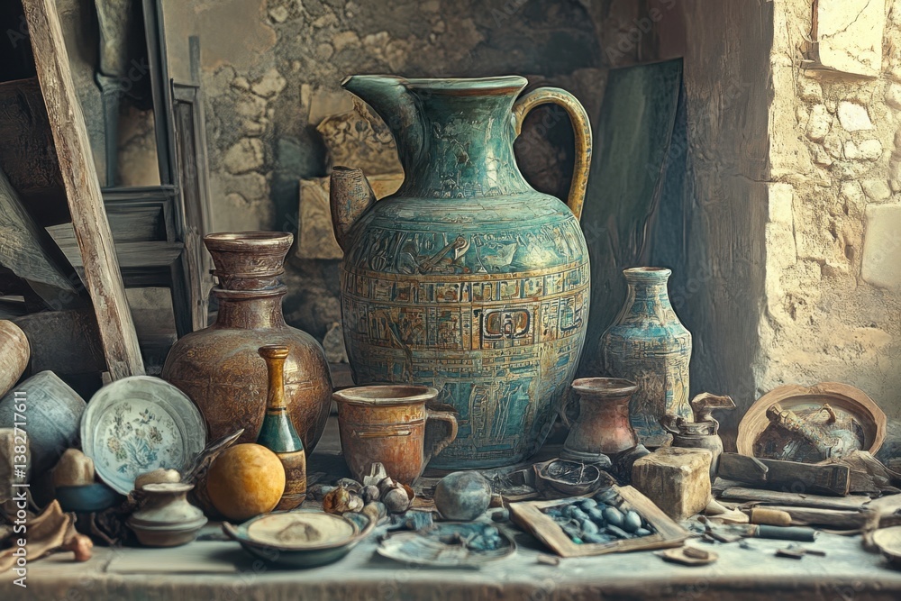 Aufkleber ancient pottery and artifacts displayed on a wooden table in a rustic setting