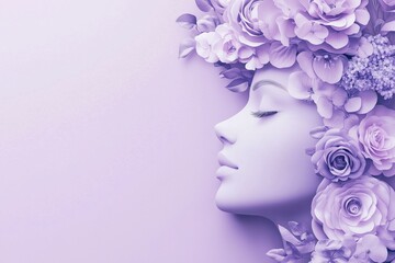 Lavender abstract female face made of flowers in paper sculpture