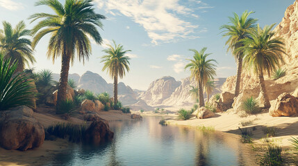 Fototapeta premium Desert oasis and palm tree landscape background. Rock boulder terrain in sahara with water mirage. African journey panorama with tropical plant and drought land panoramic journey illustration