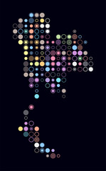 Thailand, shape of the country built of colored cells. Digital style map of Thailand on dark background. Large size circle blocks. Trending vector illustration.