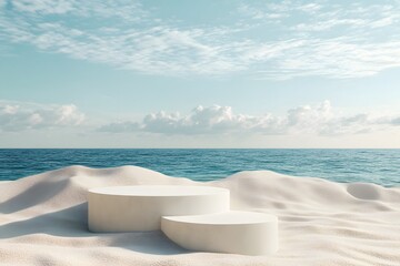 Circle shape podium for product with sandy beach