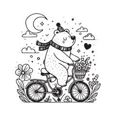Adorable bear on a bike with a flower basket, wearing a scarf and hat, surrounded by clouds, stars, and nature.